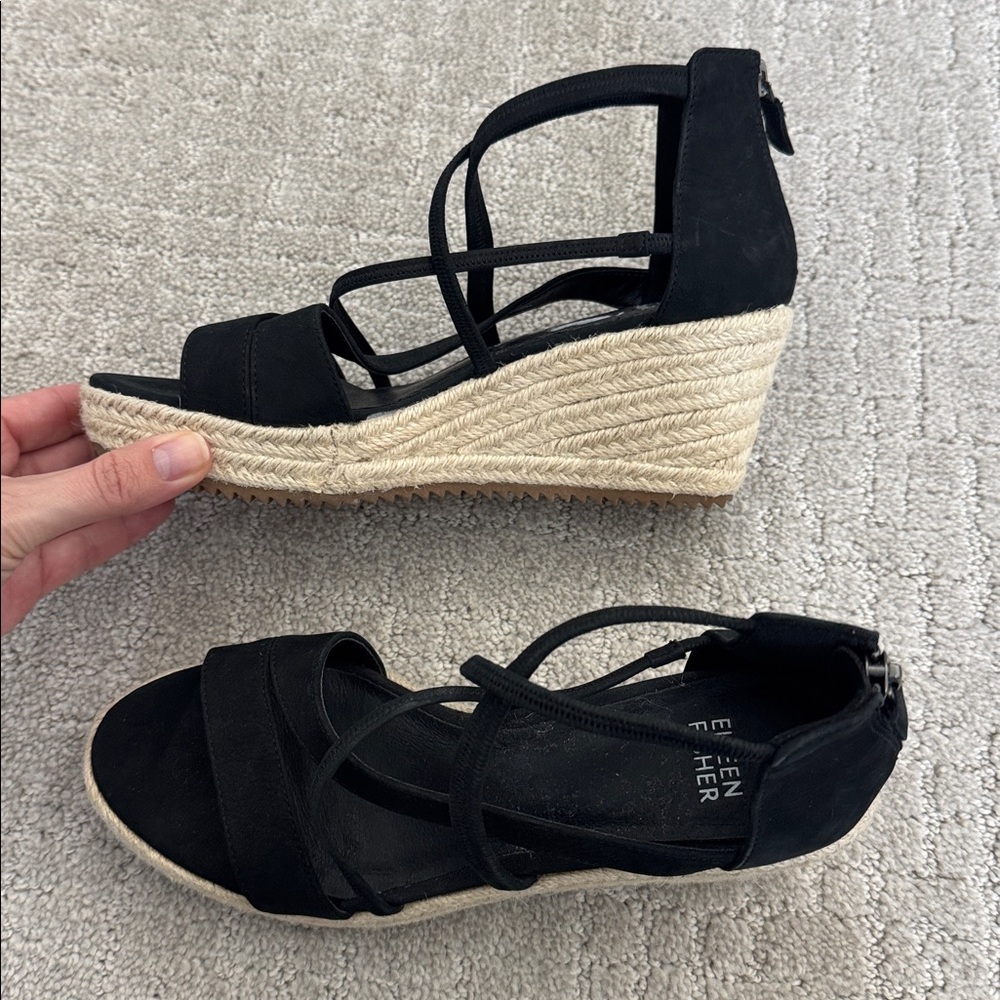 NWOT Eileen Fisher Wanda Tumbled Nubuck Espadrille black wedge platform